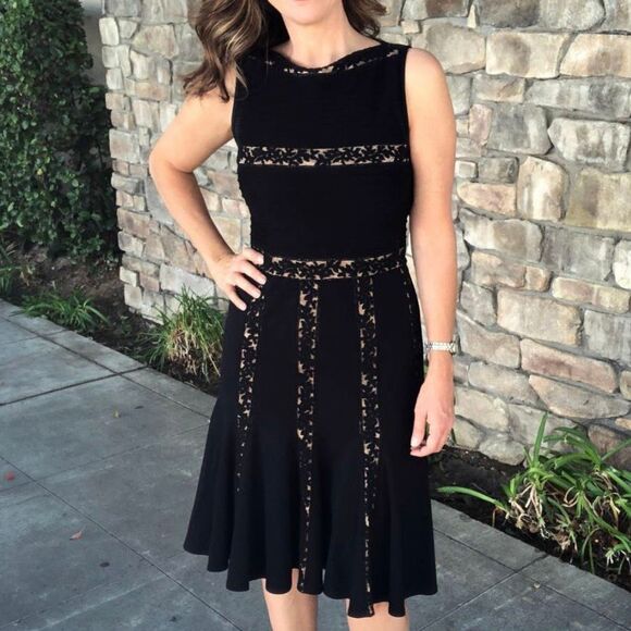 Tadashi Shoji Black Knit Pleated Lace Detail Dress Size Petite Small Cocktail - Picture 6 of 12